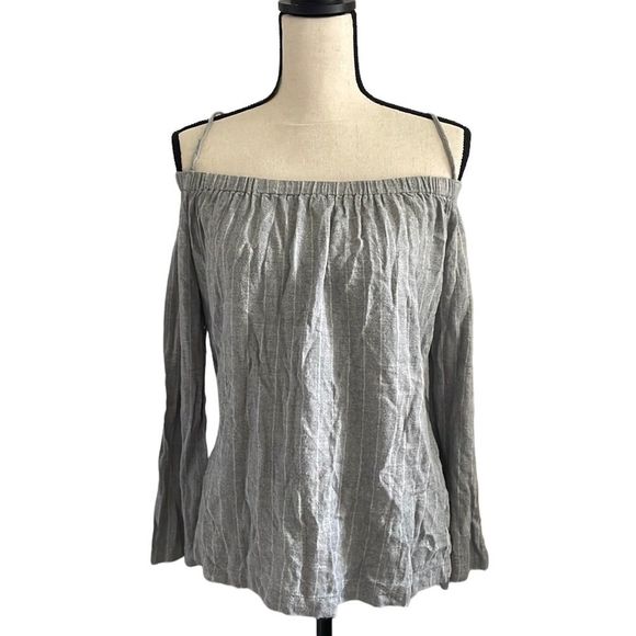 Cloth & Stone Light Grey Striped Off the Shoulder Strappy Long Sleeve Blouse XS